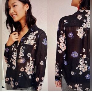 Anthropologie Black and Purple Floral Blouse